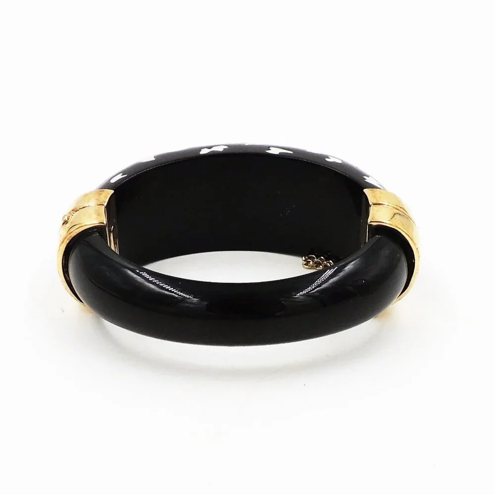 Vintage 1980s Italian Black Spotted Rhinestone Cuff Bracelet - Picture 3 of 11
